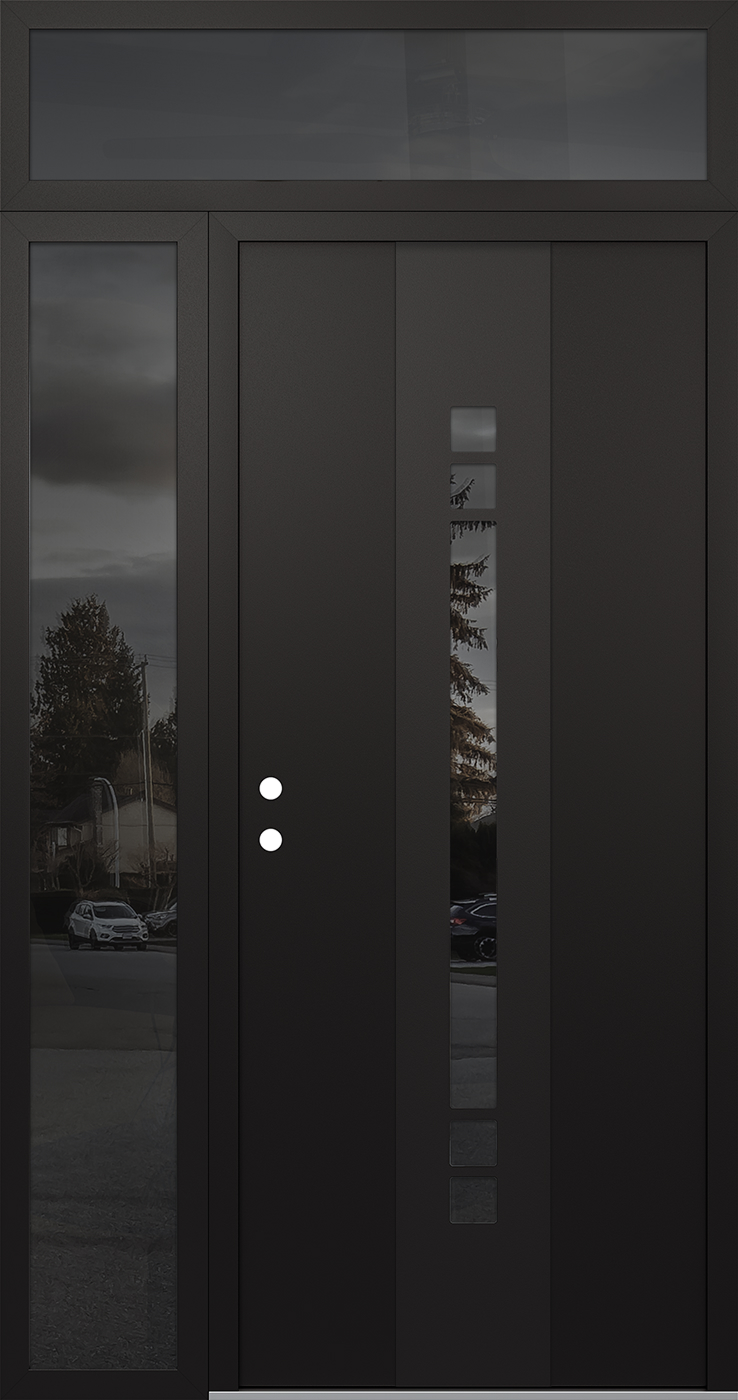 Modern Steel Front Door DIAMOND A4 50" X 96" BLACK/BLACK MIRRORED GLASS PANEL BLACK RHI WITH SIDELITE AND TRANSOM MIRRORED GLASS
