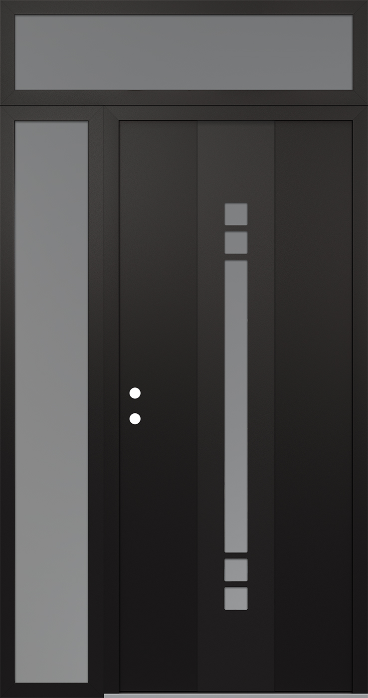 Modern Steel Front Door DIAMOND A4 50" X 96" BLACK/WHITE FROSTED GLASS PANEL BLACK RHI WITH SIDELITE AND TRANSOM FROSTED GLASS