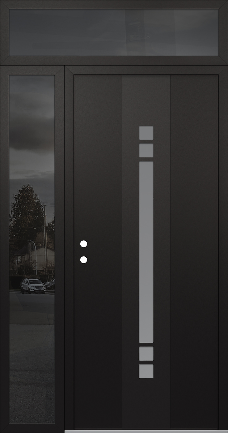 Modern Steel Front Door DIAMOND A4 50" X 96" BLACK/WHITE FROSTED GLASS PANEL BLACK RHI WITH SIDELITE AND TRANSOM MIRRORED GLASS