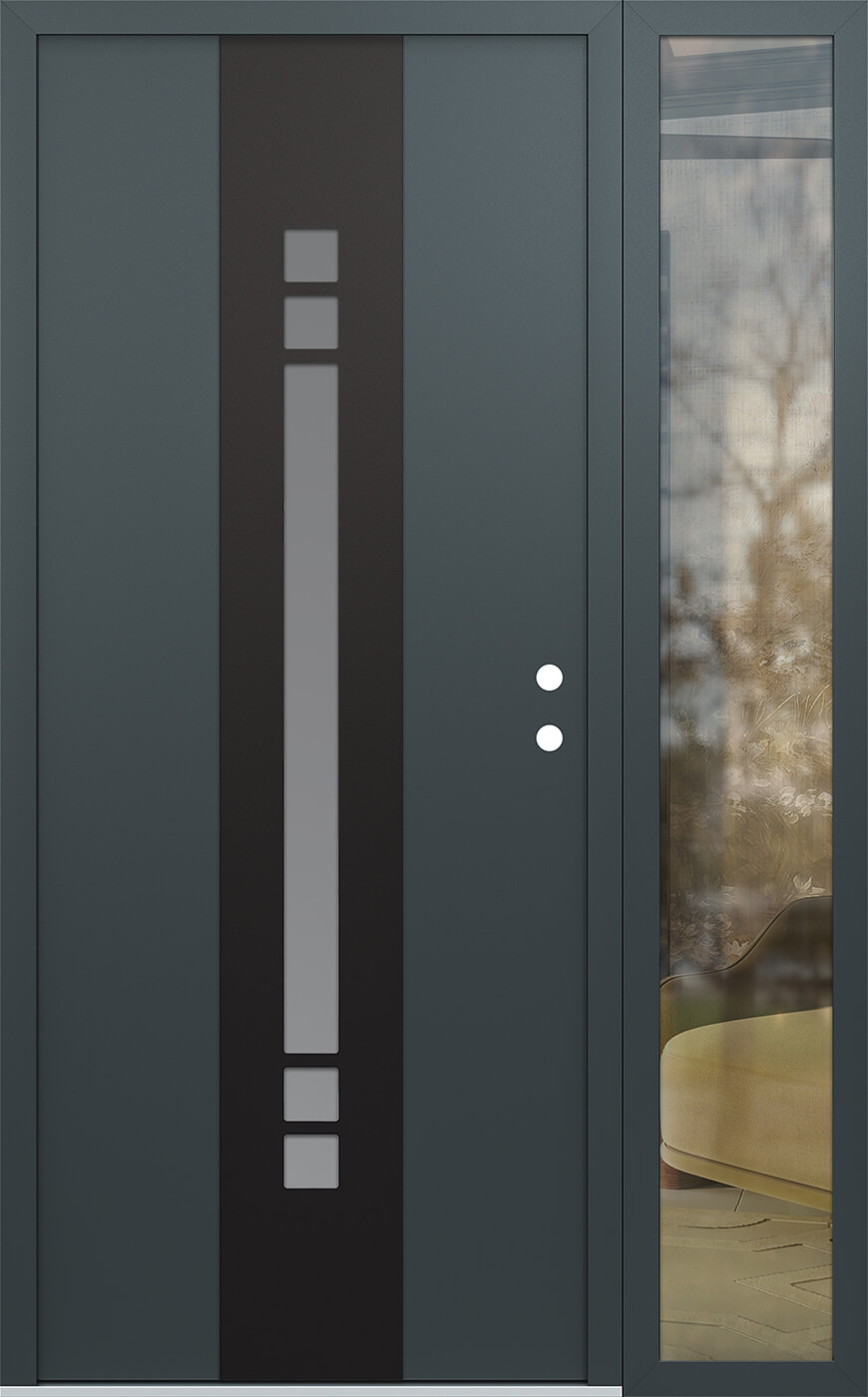 Modern Steel Front Door DIAMOND A4 52" X 80" ANTHRACITE/ANTHRACITE FROSTED GLASS PANEL BLACK LHI WITH SIDELITE CLEAR GLASS