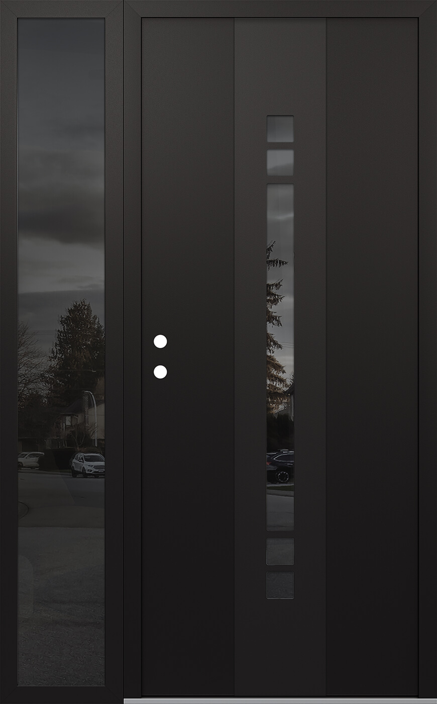 Modern Steel Front Door DIAMOND A4 52" X 80" BLACK/BLACK MIRRORED GLASS PANEL BLACK RHI WITH SIDELITE MIRRORED GLASS