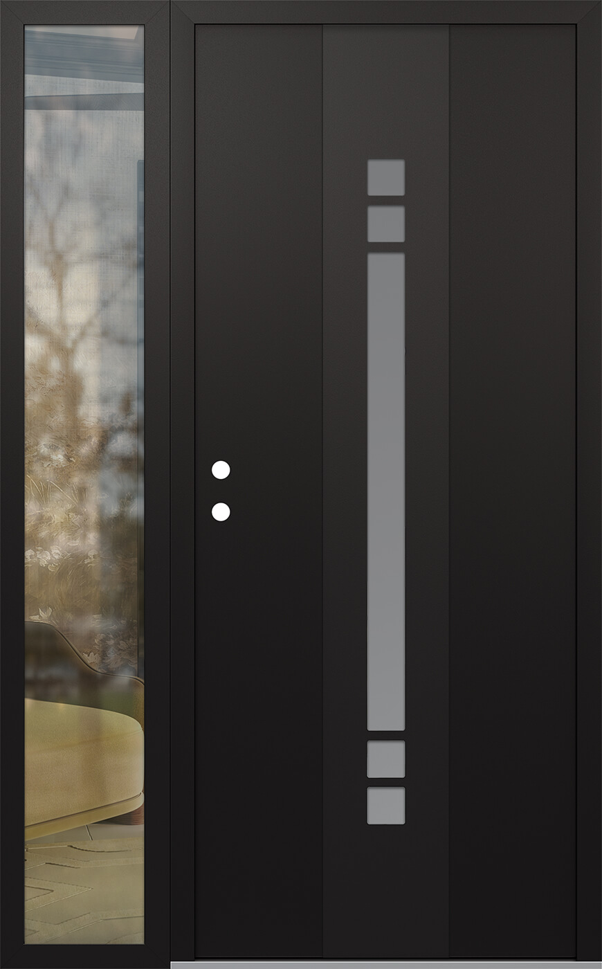 Modern Steel Front Door DIAMOND A4 52" X 80" BLACK/WHITE FROSTED GLASS PANEL BLACK RHI WITH SIDELITE CLEAR GLASS