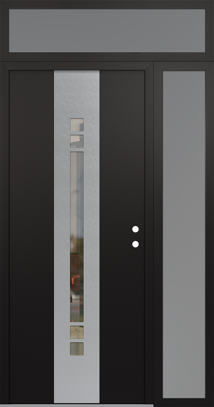Modern Steel Front Door DIAMOND A4 52" X 96" BLACK/BLACK CLEAR GLASS PANEL STAINLESS STEEL LHI WITH SIDELITE AND TRANSOM FROSTED GLASS
