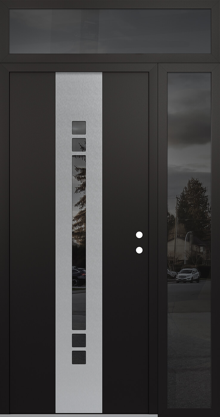 Modern Steel Front Door DIAMOND A4 52" X 96" BLACK/BLACK MIRRORED GLASS PANEL STAINLESS STEEL LHI WITH SIDELITE AND TRANSOM MIRRORED GLASS