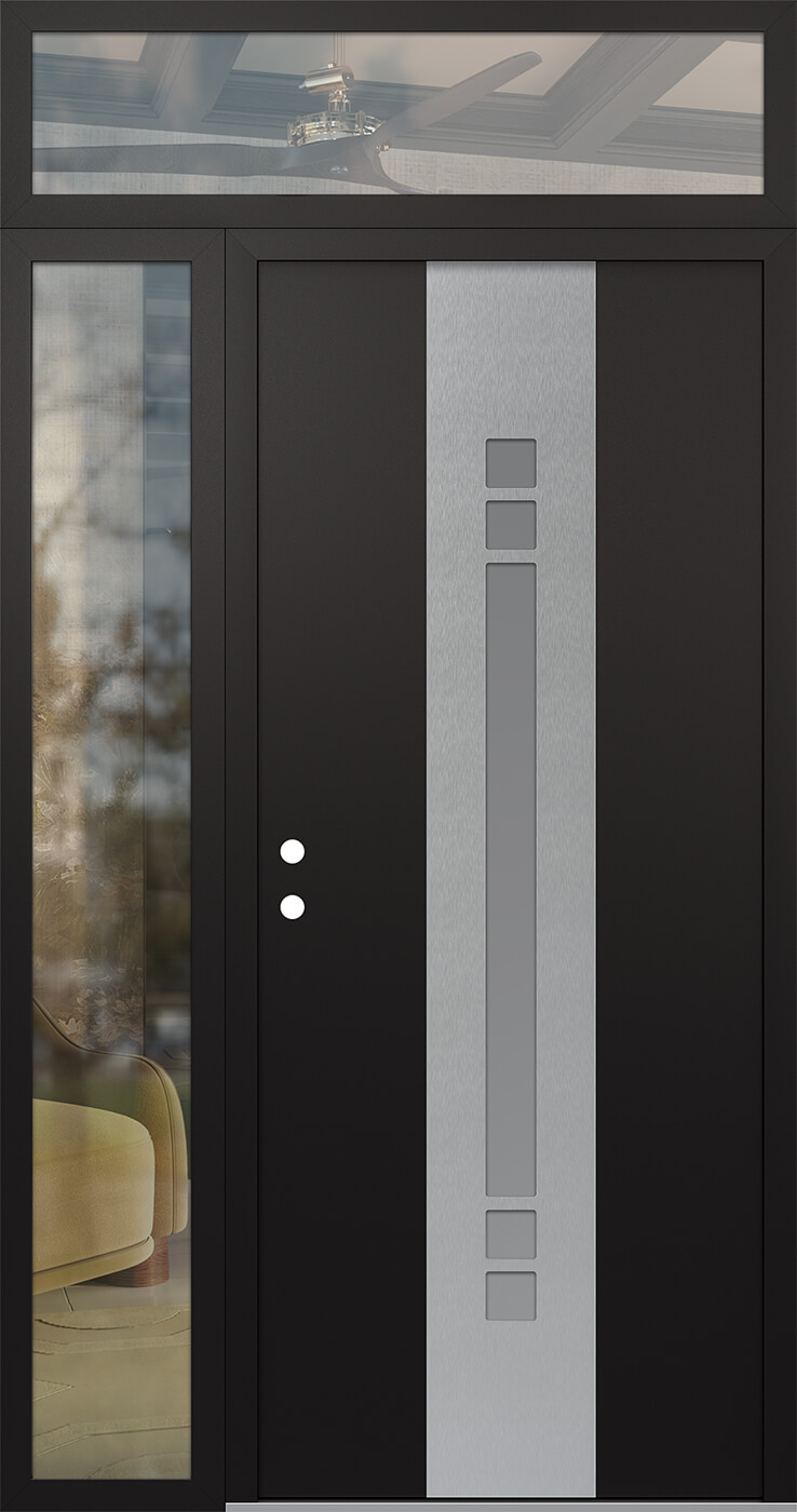 Modern Steel Front Door DIAMOND A4 52" X 96" BLACK/WHITE FROSTED GLASS PANEL STAINLESS STEEL RHI WITH SIDELITE AND TRANSOM CLEAR GLASS