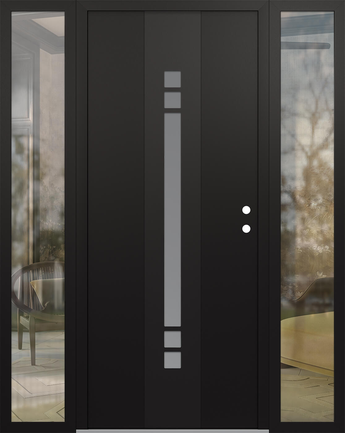 Modern Steel Front Door DIAMOND A4 60" X 80" BLACK/WHITE FROSTED GLASS PANEL BLACK LHI WITH 2 SIDELITES CLEAR GLASS