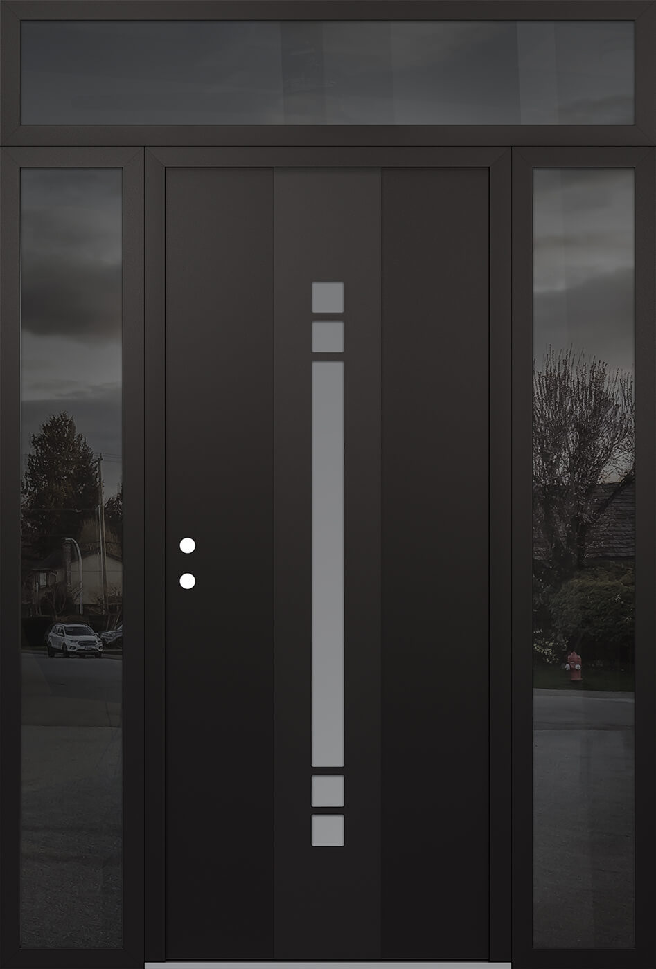 Modern Steel Front Door DIAMOND A4 60" X 96" BLACK/WHITE FROSTED GLASS PANEL BLACK RHI WITH 2 SIDELITES AND TRANSOM MIRRORED GLASS