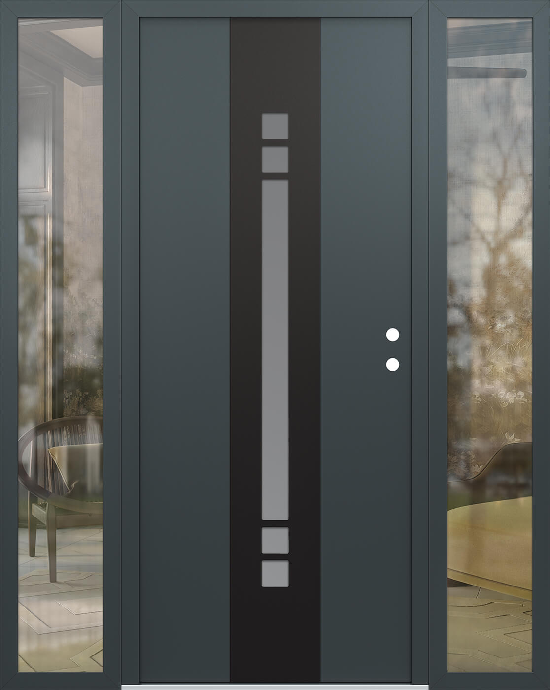 Modern Steel Front Door DIAMOND A4 64" X 80" ANTHRACITE/ANTHRACITE FROSTED GLASS PANEL BLACK LHI WITH 2 SIDELITES CLEAR GLASS