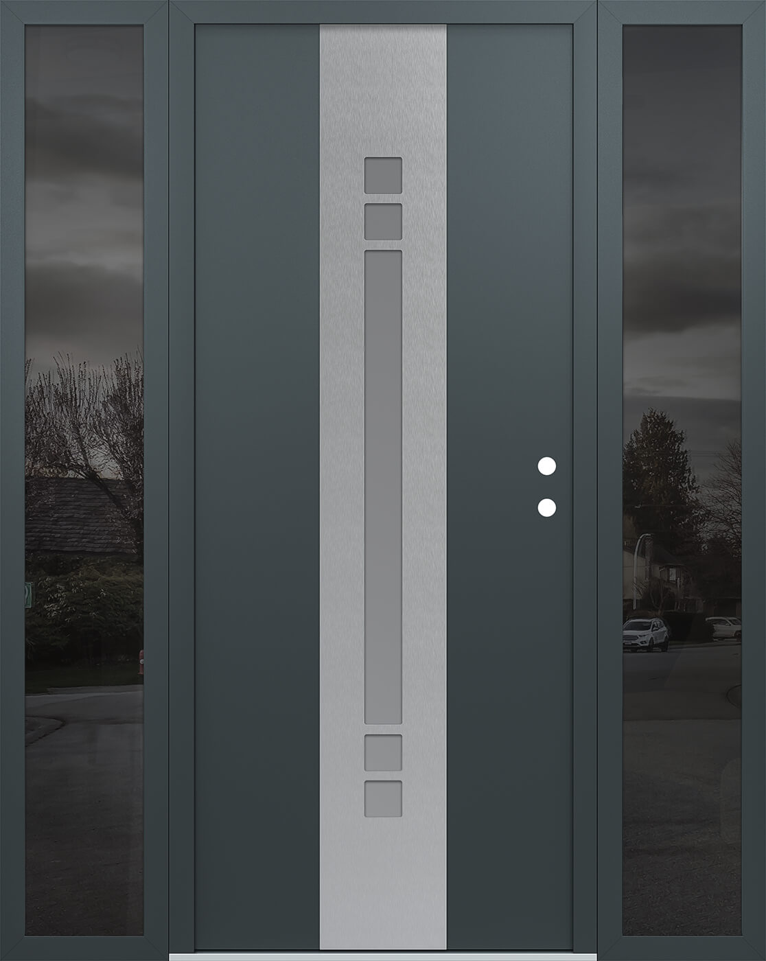 Modern Steel Front Door DIAMOND A4 64" X 80" ANTHRACITE/ANTHRACITE FROSTED GLASS PANEL STAINLESS STEEL LHI WITH 2 SIDELITES MIRRORED GLASS