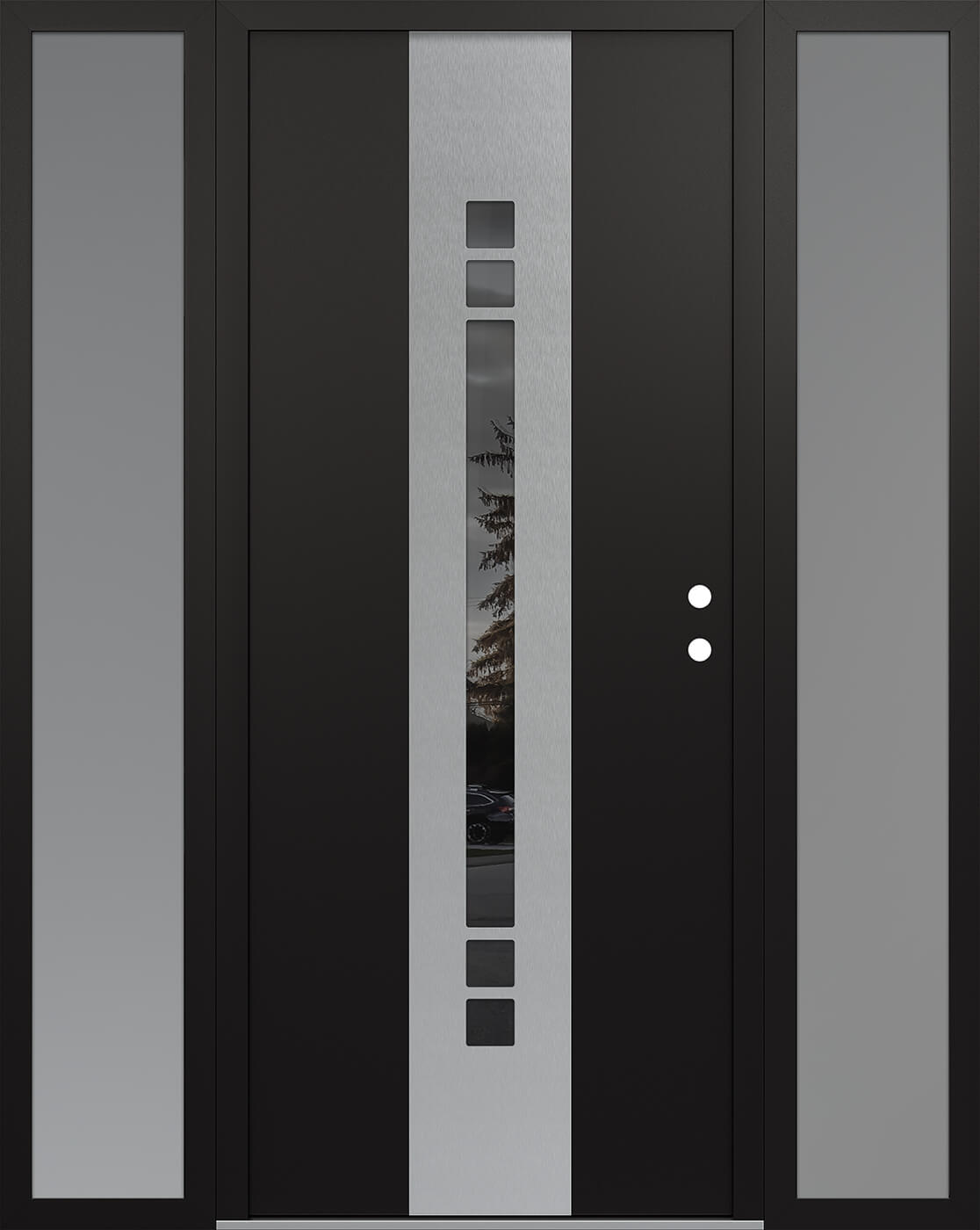 Modern Steel Front Door DIAMOND A4 64" X 80" BLACK/BLACK MIRRORED GLASS PANEL STAINLESS STEEL LHI WITH 2 SIDELITES FROSTED GLASS