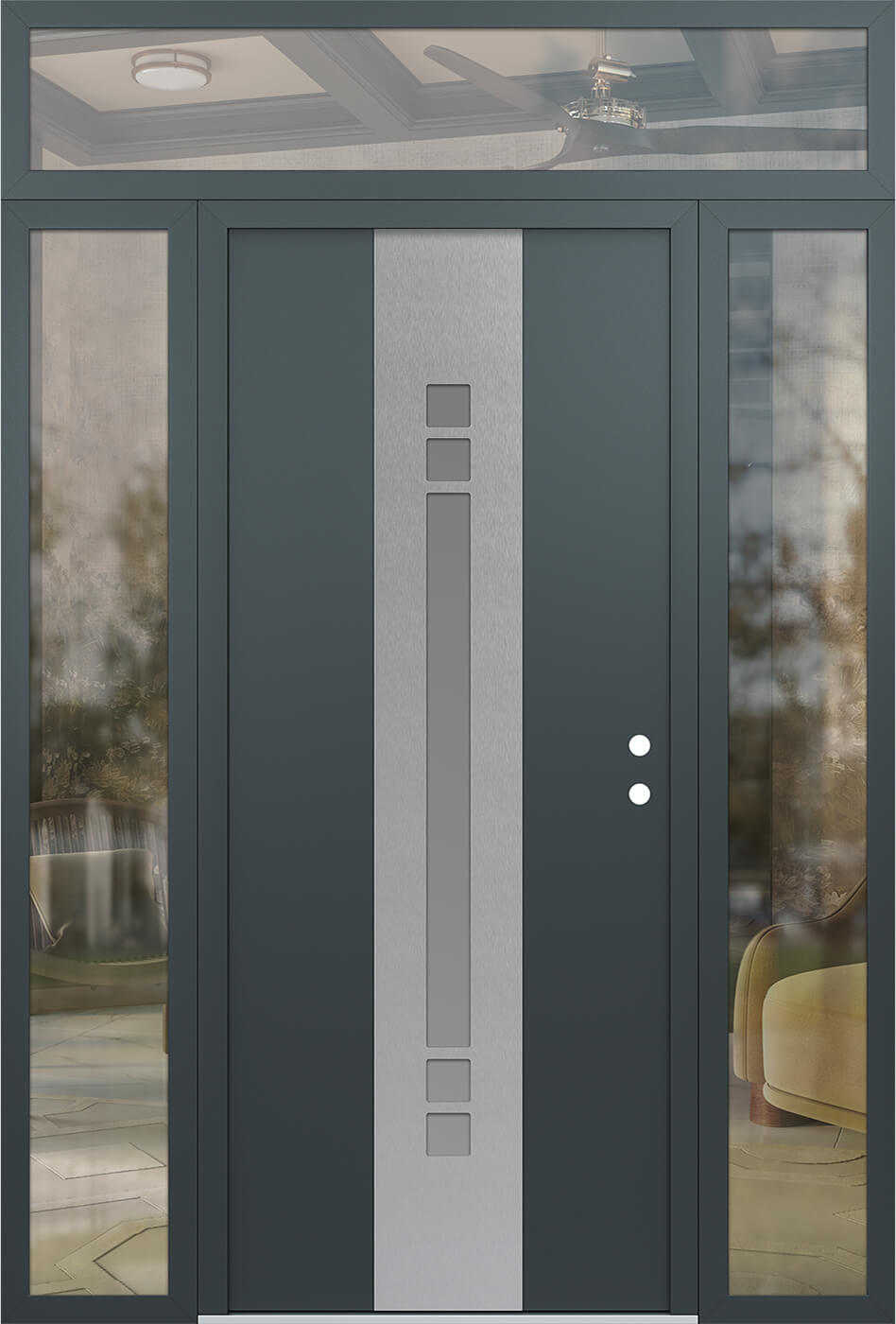 Modern Steel Front Door DIAMOND A4 64" X 96" ANTHRACITE/ANTHRACITE FROSTED GLASS PANEL STAINLESS STEEL LHI WITH 2 SIDELITES AND TRANSOM CLEAR GLASS