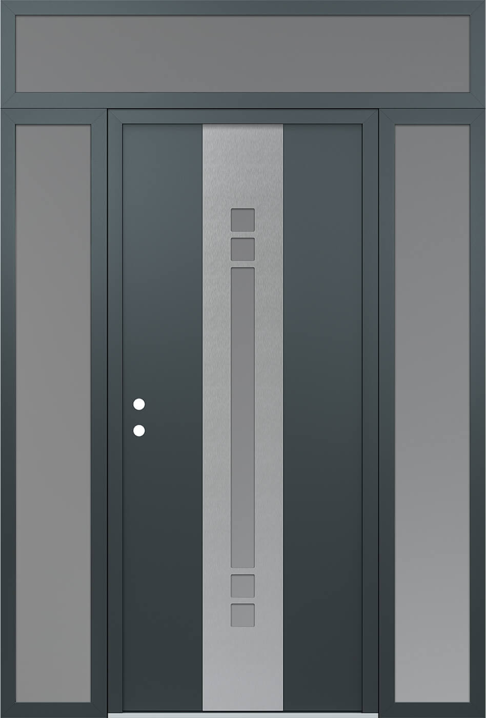 Modern Steel Front Door DIAMOND A4 64" X 96" ANTHRACITE/ANTHRACITE FROSTED GLASS PANEL STAINLESS STEEL RHI WITH 2 SIDELITES AND TRANSOM FROSTED GLASS