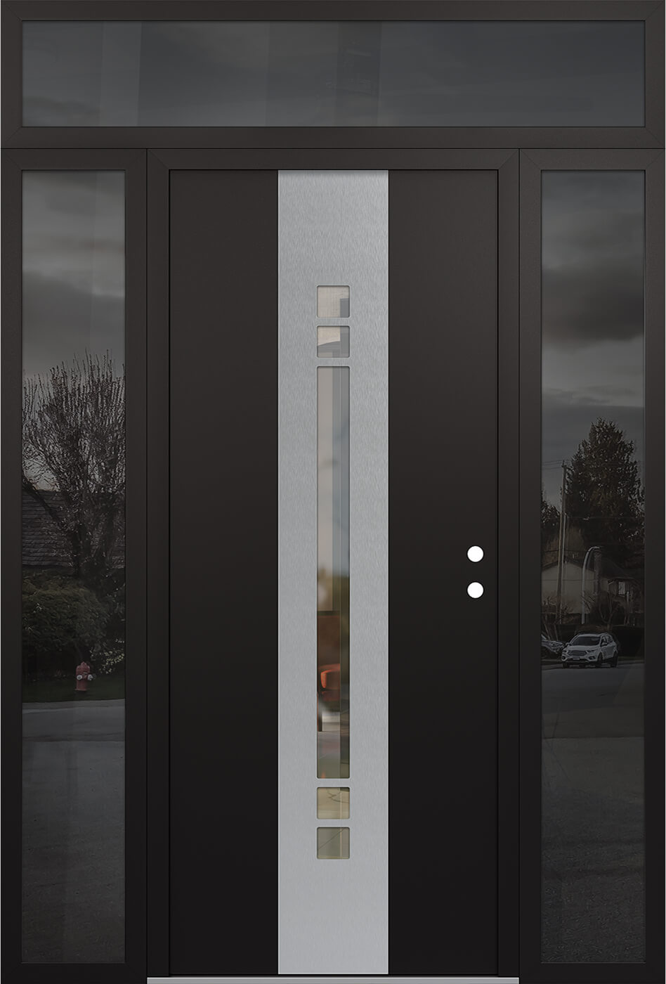 Modern Steel Front Door DIAMOND A4 64" X 96" BLACK/BLACK CLEAR GLASS PANEL STAINLESS STEEL LHI WITH 2 SIDELITES AND TRANSOM MIRRORED GLASS