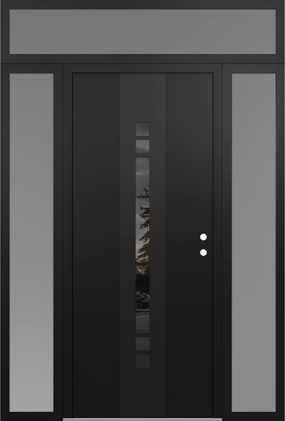 Modern Steel Front Door DIAMOND A4 64" X 96" BLACK/BLACK MIRRORED GLASS PANEL BLACK LHI WITH 2 SIDELITES AND TRANSOM FROSTED GLASS