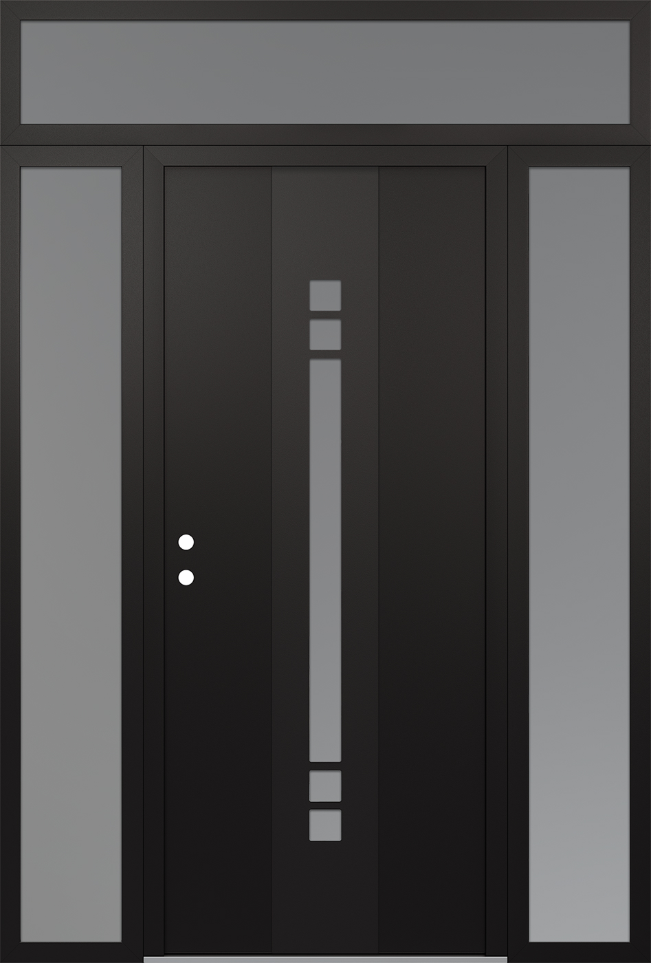 Modern Steel Front Door DIAMOND A4 64" X 96" BLACK/WHITE FROSTED GLASS PANEL BLACK RHI WITH 2 SIDELITES AND TRANSOM FROSTED GLASS