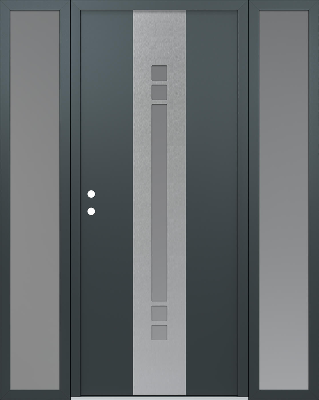 Modern Steel Front Door DIAMOND A4 68" X 80" ANTHRACITE/ANTHRACITE FROSTED GLASS PANEL STAINLESS STEEL RHI WITH 2 SIDELITES FROSTED GLASS