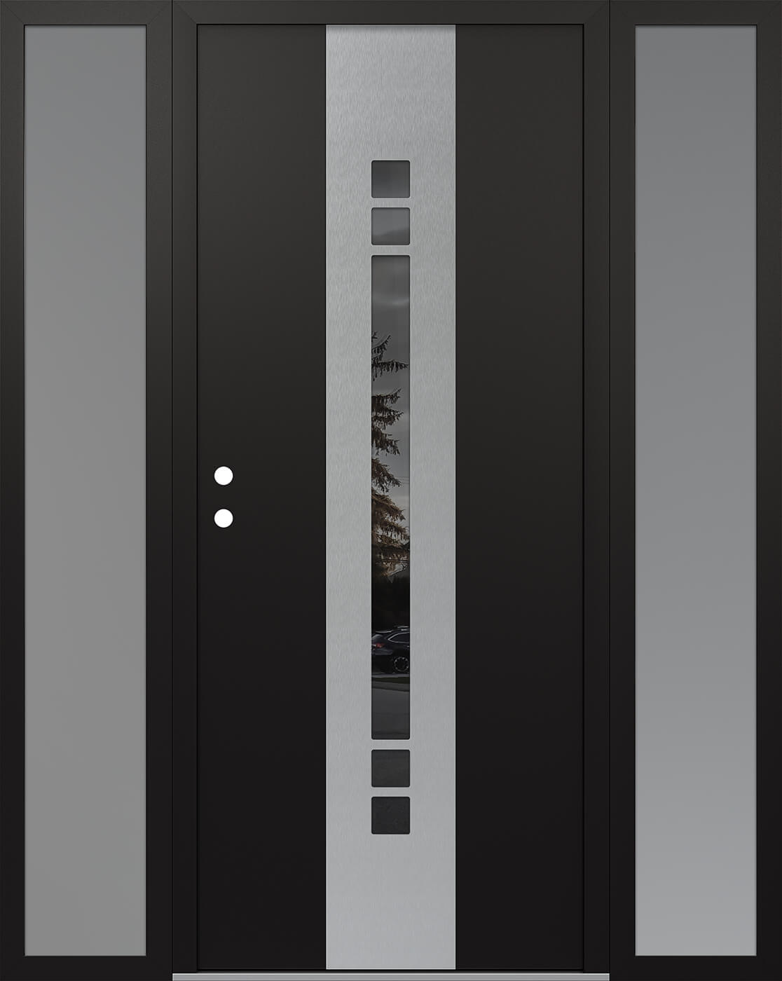 Modern Steel Front Door DIAMOND A4 68" X 80" BLACK/BLACK MIRRORED GLASS PANEL STAINLESS STEEL RHI WITH 2 SIDELITES FROSTED GLASS
