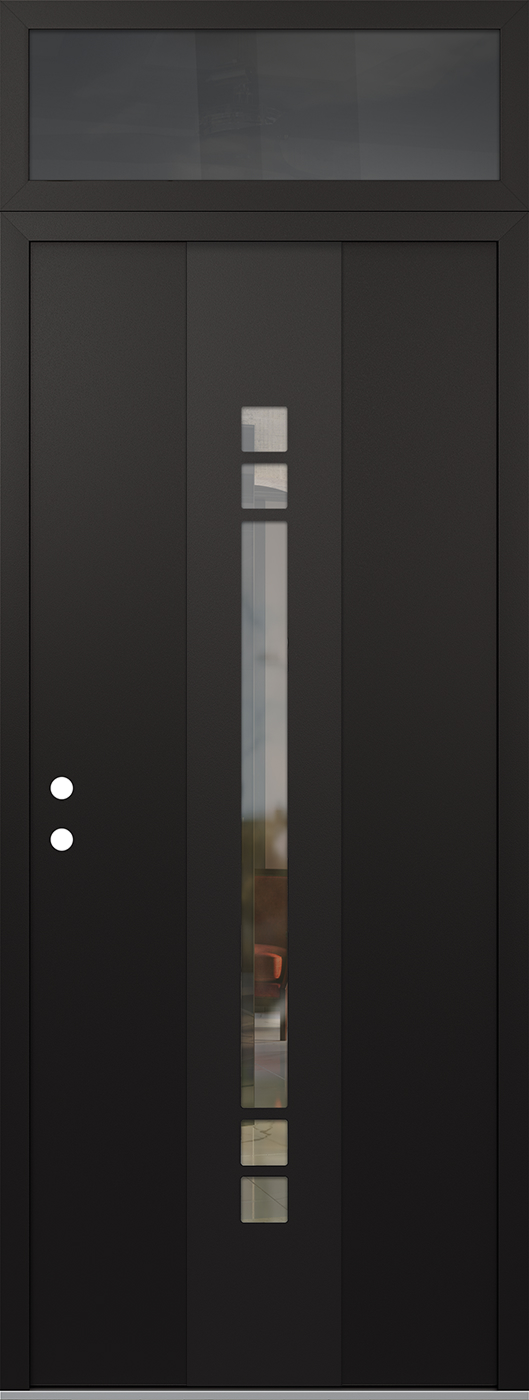 Modern Steel Front Door DIAMOND A4 36" X 96" BLACK/BLACK CLEAR GLASS PANEL BLACK RHI WITH TRANSOM MIRRORED GLASS