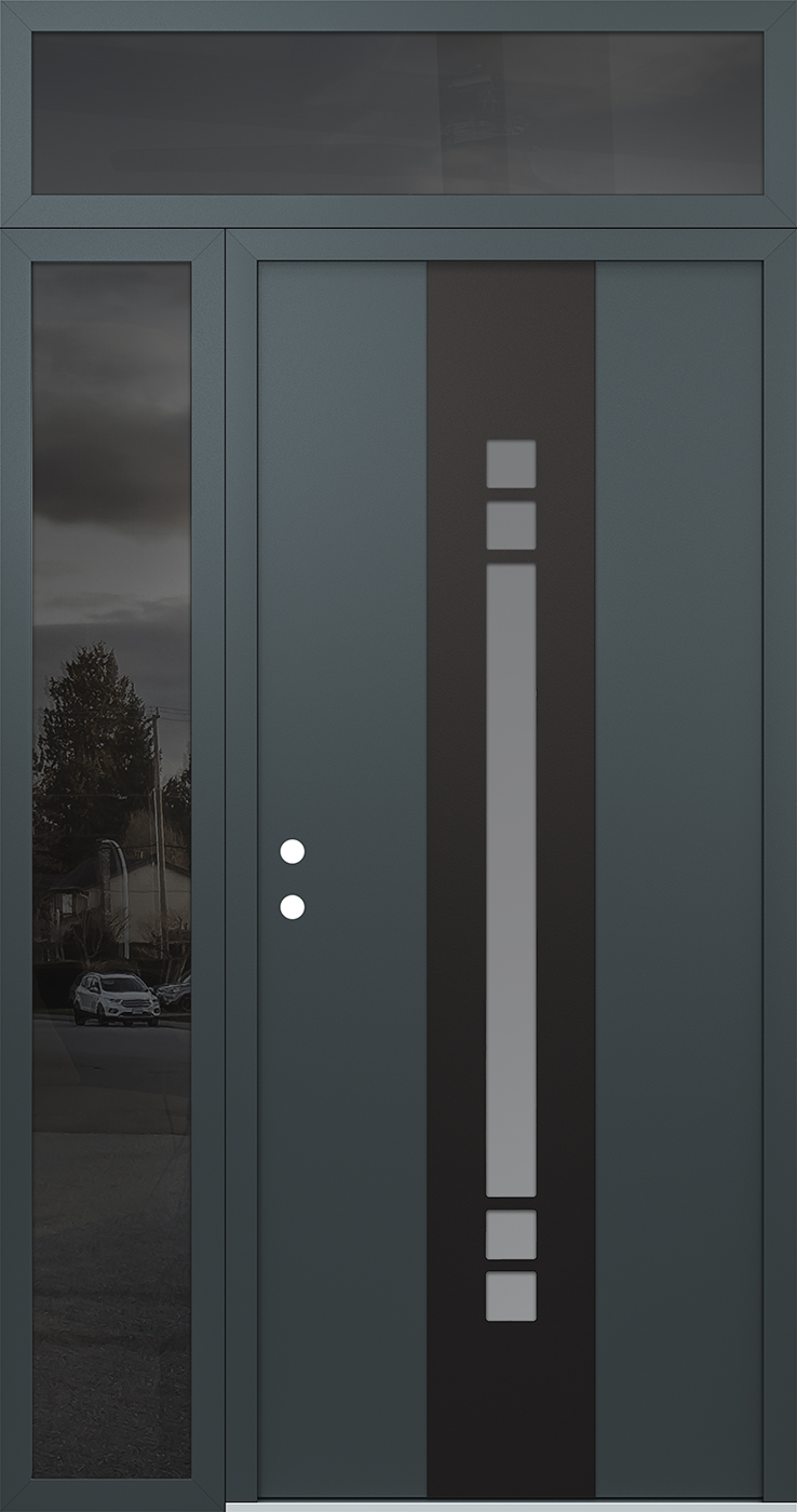 Modern Steel Front Door DIAMOND A4 48" X 96" ANTHRACITE/ANTHRACITE FROSTED GLASS PANEL BLACK RHI WITH SIDELITE AND TRANSOM FROSTED GLASS