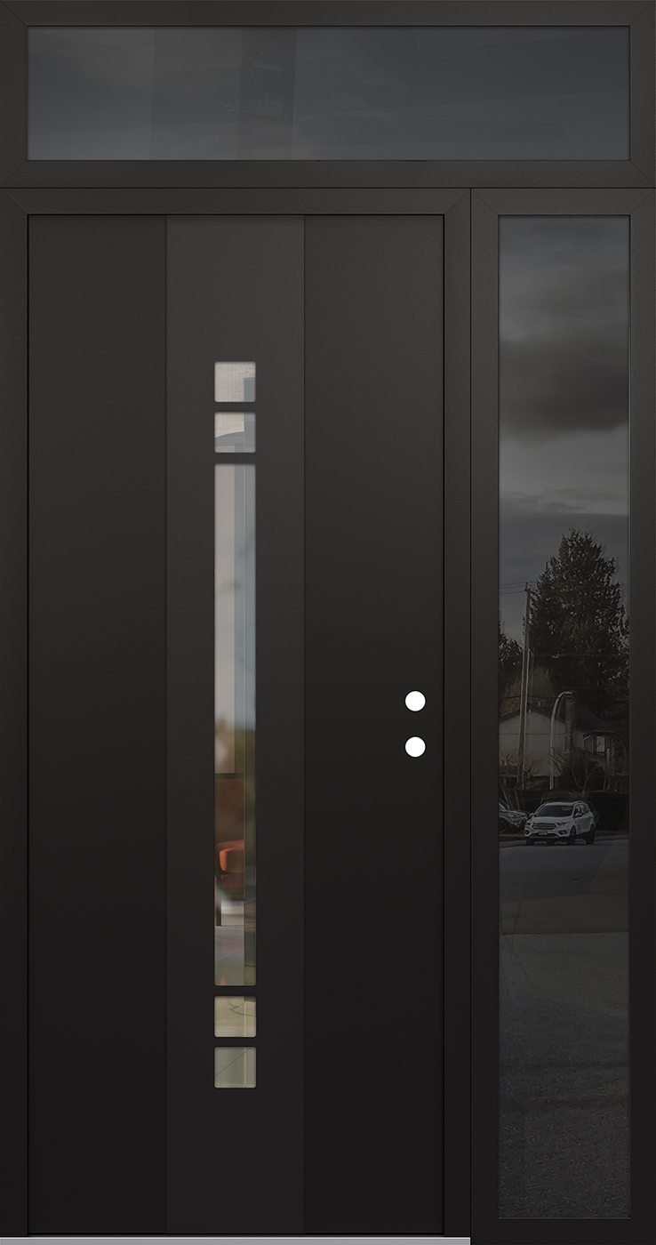Modern Steel Front Door DIAMOND A4 48" X 96" BLACK/BLACK CLEAR GLASS PANEL BLACK LHI WITH SIDELITE AND TRANSOM FROSTED GLASS