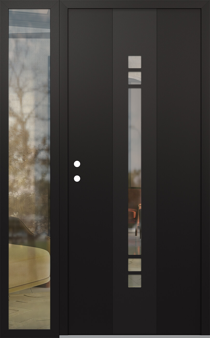 Modern Steel Front Door DIAMOND A4 50" X 80" BLACK/BLACK CLEAR GLASS PANEL BLACK RHI WITH SIDELITE CLEAR GLASS
