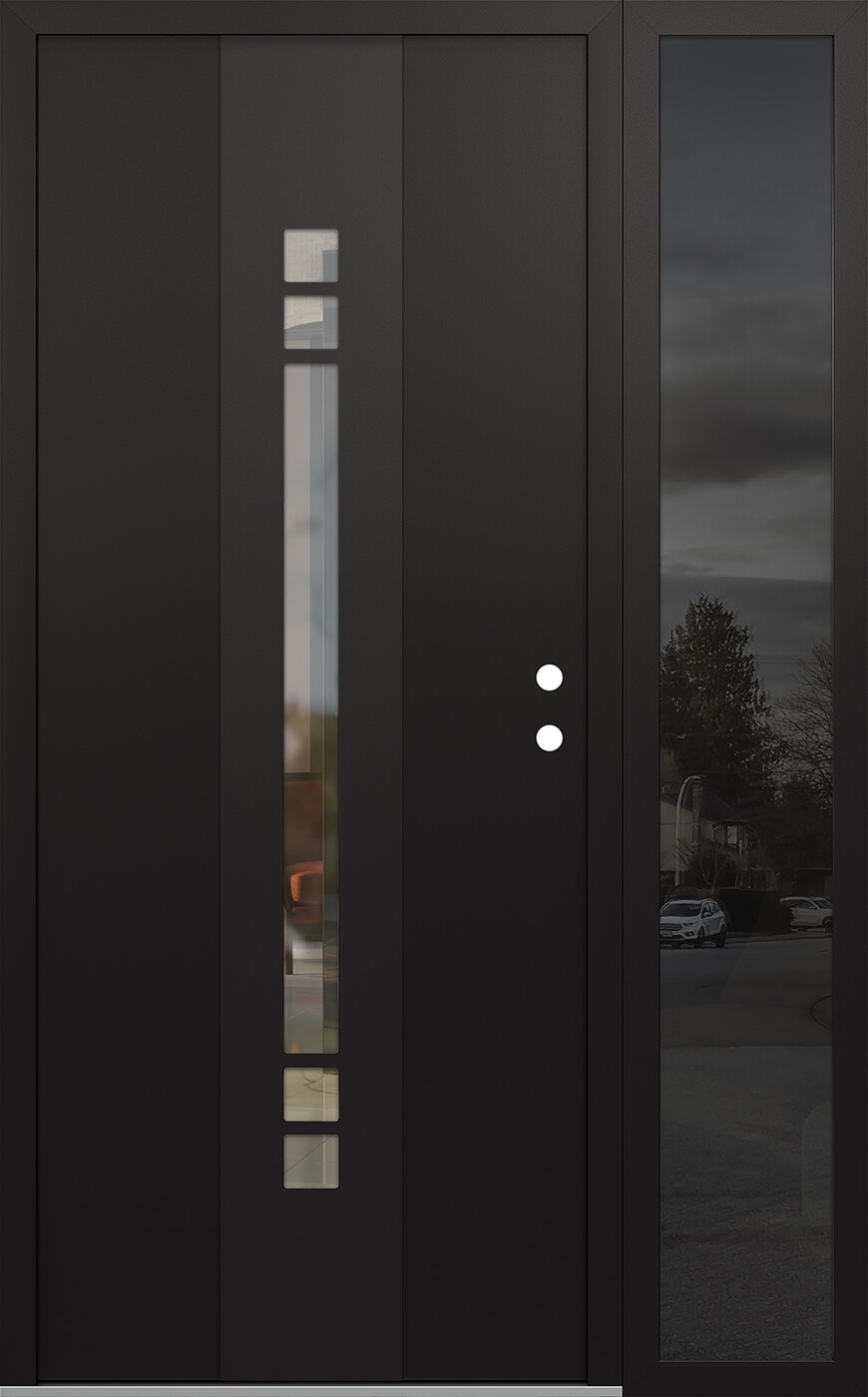 Modern Steel Front Door DIAMOND A4 52" X 80" BLACK/BLACK CLEAR GLASS PANEL BLACK LHI WITH SIDELITE MIRRORED GLASS