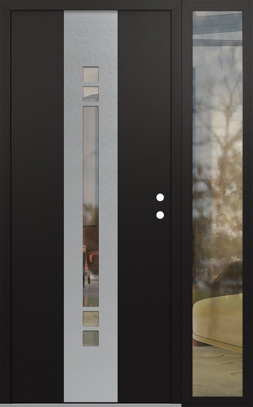 Modern Steel Front Door DIAMOND A4 52" X 80" BLACK/BLACK CLEAR GLASS PANEL STAINLESS STEEL LHI WITH SIDELITE FROSTED GLASS