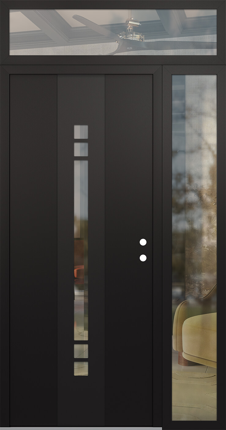 Modern Steel Front Door DIAMOND A4 52" X 96" BLACK/BLACK CLEAR GLASS PANEL BLACK LHI WITH SIDELITE AND TRANSOM FROSTED GLASS