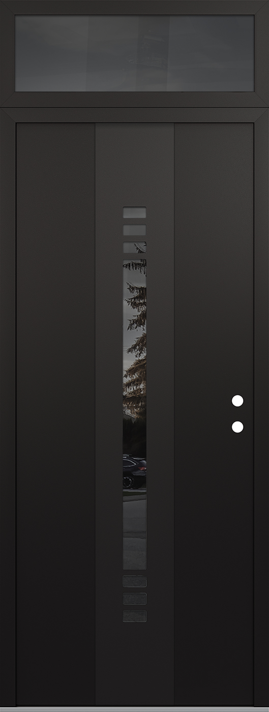 Modern Steel Front Door DIAMOND A5 36" X 96" BLACK/BLACK MIRRORED GLASS PANEL BLACK LHI WITH TRANSOM MIRRORED GLASS