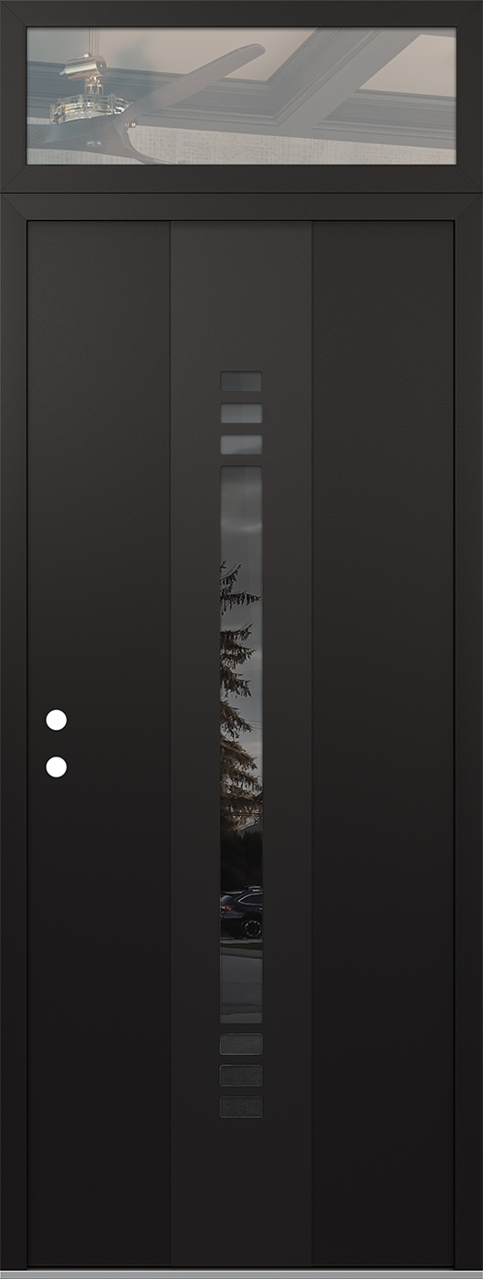 Modern Steel Front Door DIAMOND A5 36" X 96" BLACK/BLACK MIRRORED GLASS PANEL BLACK RHI WITH TRANSOM CLEAR GLASS