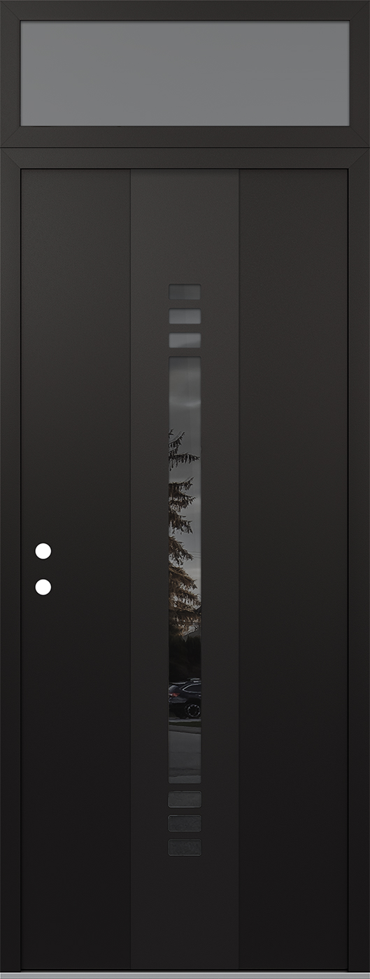 Modern Steel Front Door DIAMOND A5 36" X 96" BLACK/BLACK MIRRORED GLASS PANEL BLACK RHI WITH TRANSOM FROSTED GLASS