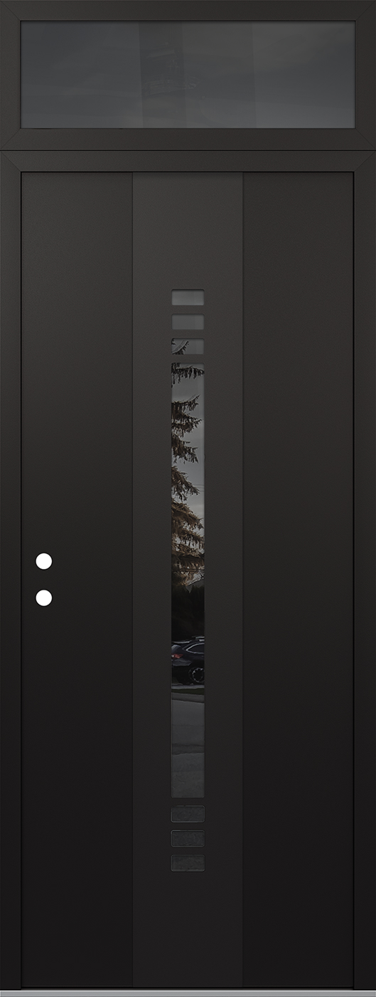 Modern Steel Front Door DIAMOND A5 36" X 96" BLACK/BLACK MIRRORED GLASS PANEL BLACK RHI WITH TRANSOM MIRRORED GLASS