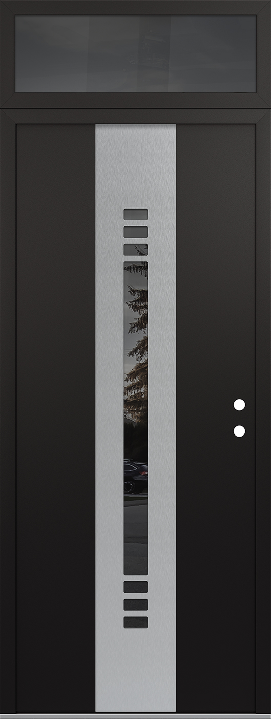 Modern Steel Front Door DIAMOND A5 36" X 96" BLACK/BLACK MIRRORED GLASS PANEL STAINLESS STEEL LHI WITH TRANSOM MIRRORED GLASS