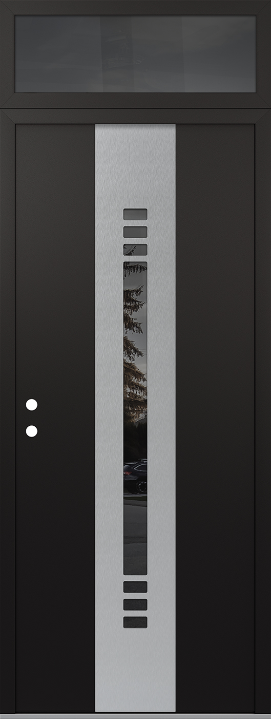 Modern Steel Front Door DIAMOND A5 36" X 96" BLACK/BLACK MIRRORED GLASS PANEL STAINLESS STEEL RHI WITH TRANSOM MIRRORED GLASS