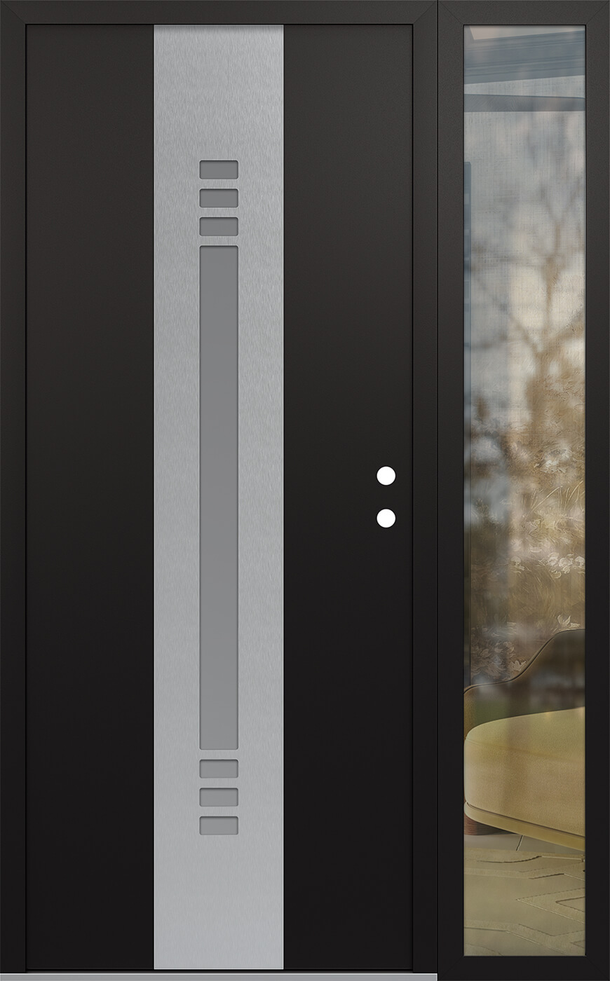 Modern Steel Front Door DIAMOND A5 48" X 80" BLACK/WHITE FROSTED GLASS PANEL STAINLESS STEEL LHI WITH SIDELITE CLEAR GLASS