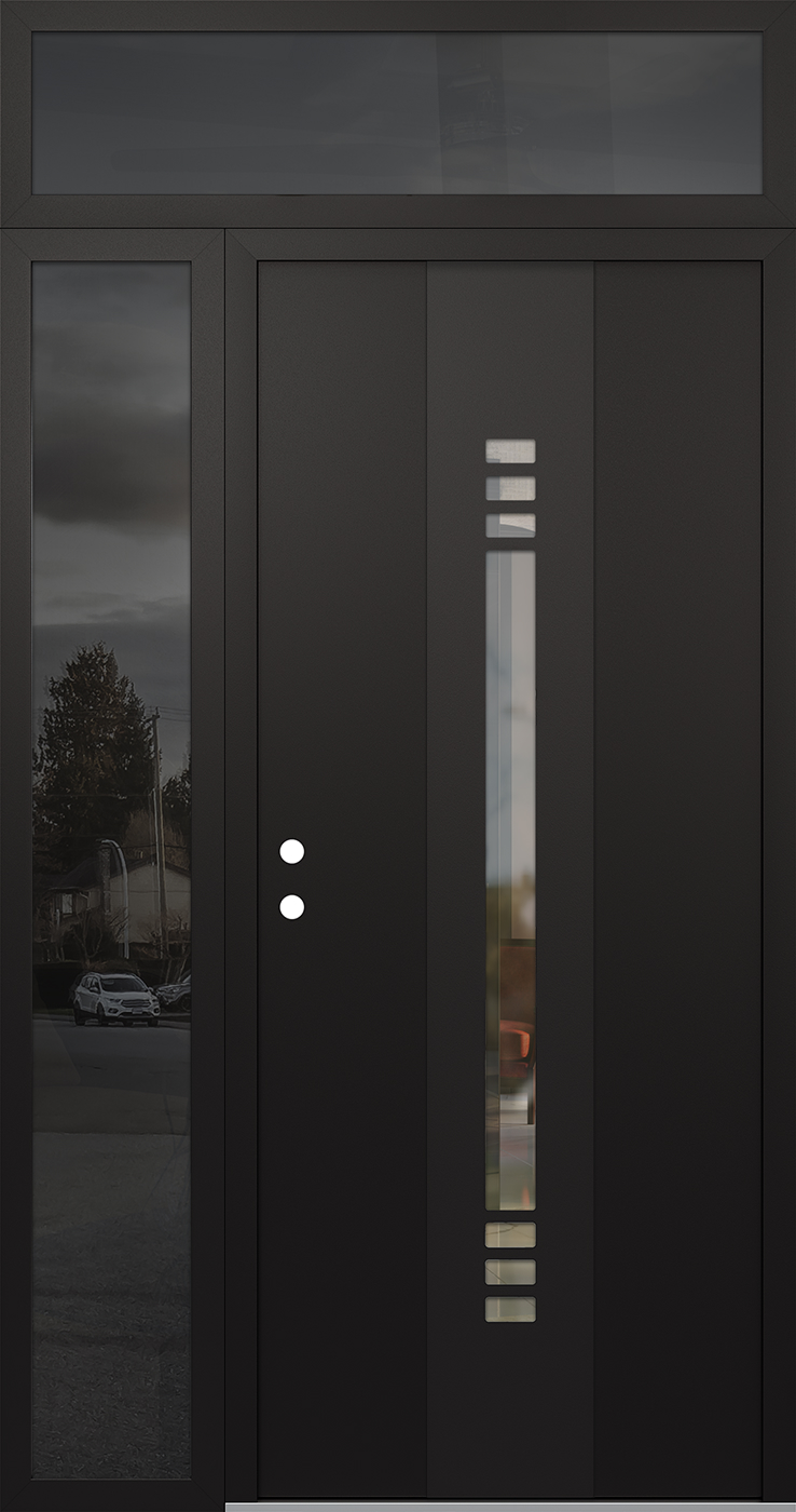 Modern Steel Front Door DIAMOND A5 48" X 96" BLACK/BLACK CLEAR GLASS PANEL BLACK RHI WITH SIDELITE AND TRANSOM MIRRORED GLASS