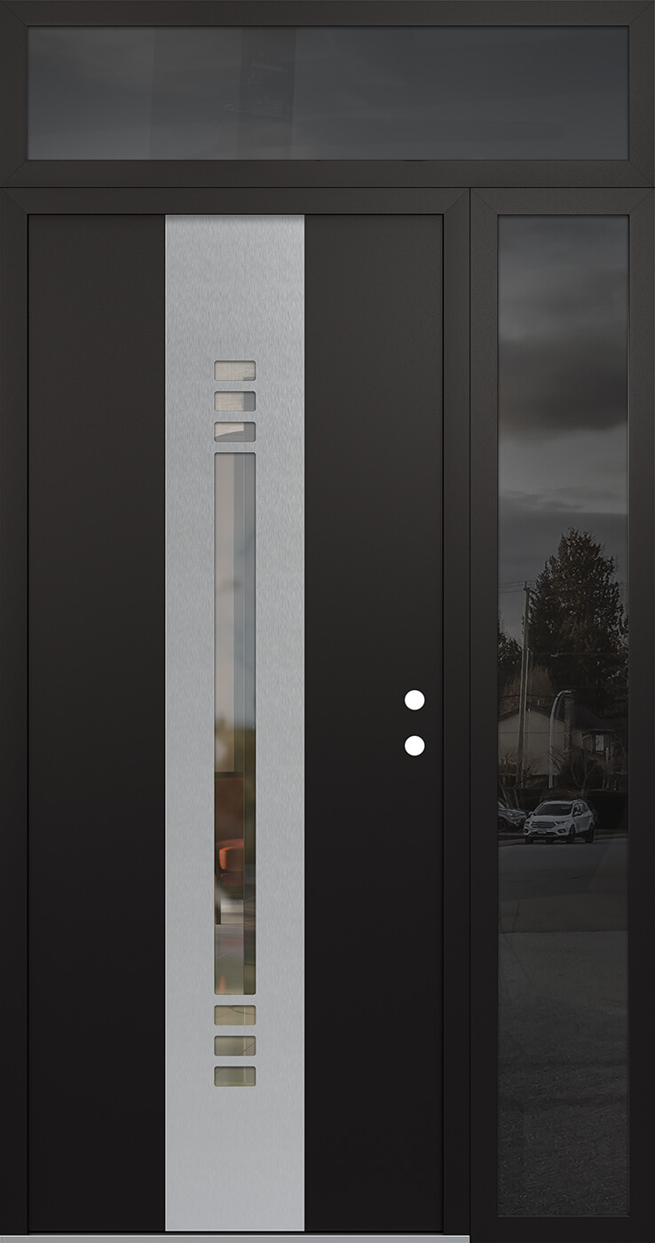 Modern Steel Front Door DIAMOND A5 48" X 96" BLACK/BLACK CLEAR GLASS PANEL STAINLESS STEEL LHI WITH SIDELITE AND TRANSOM MIRRORED GLASS