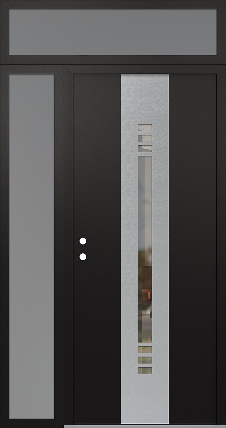 Modern Steel Front Door DIAMOND A5 48" X 96" BLACK/BLACK CLEAR GLASS PANEL STAINLESS STEEL RHI WITH SIDELITE AND TRANSOM FROSTED GLASS