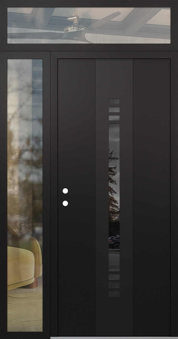 Modern Steel Front Door DIAMOND A5 48" X 96" BLACK/BLACK MIRRORED GLASS PANEL BLACK RHI WITH SIDELITE AND TRANSOM CLEAR GLASS