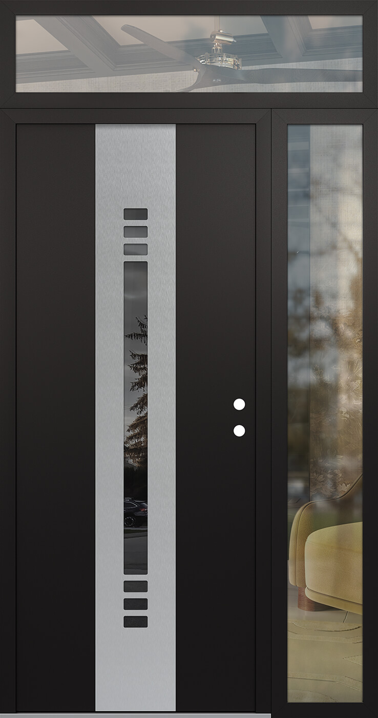 Modern Steel Front Door DIAMOND A5 48" X 96" BLACK/BLACK MIRRORED GLASS PANEL STAINLESS STEEL LHI WITH SIDELITE AND TRANSOM CLEAR GLASS