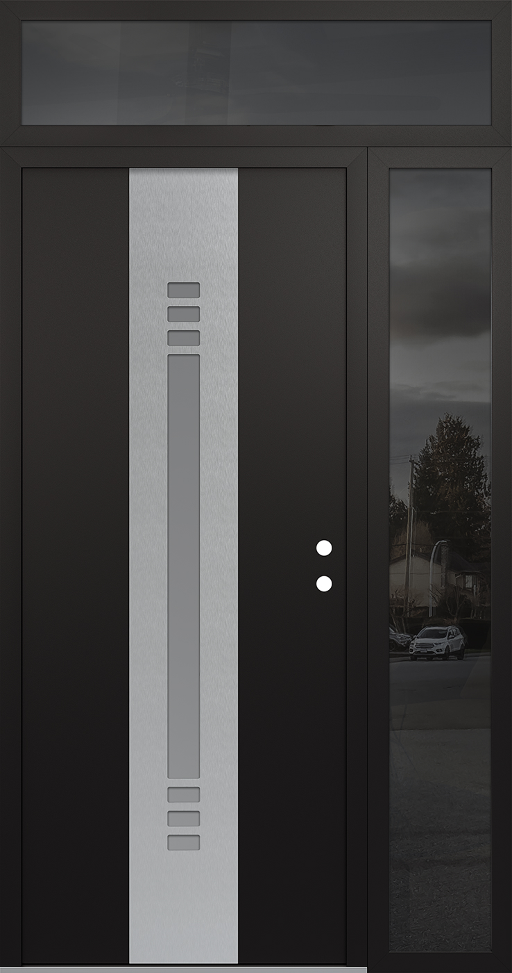 Modern Steel Front Door DIAMOND A5 48" X 96" BLACK/WHITE FROSTED GLASS PANEL STAINLESS STEEL LHI WITH SIDELITE AND TRANSOM MIRRORED GLASS