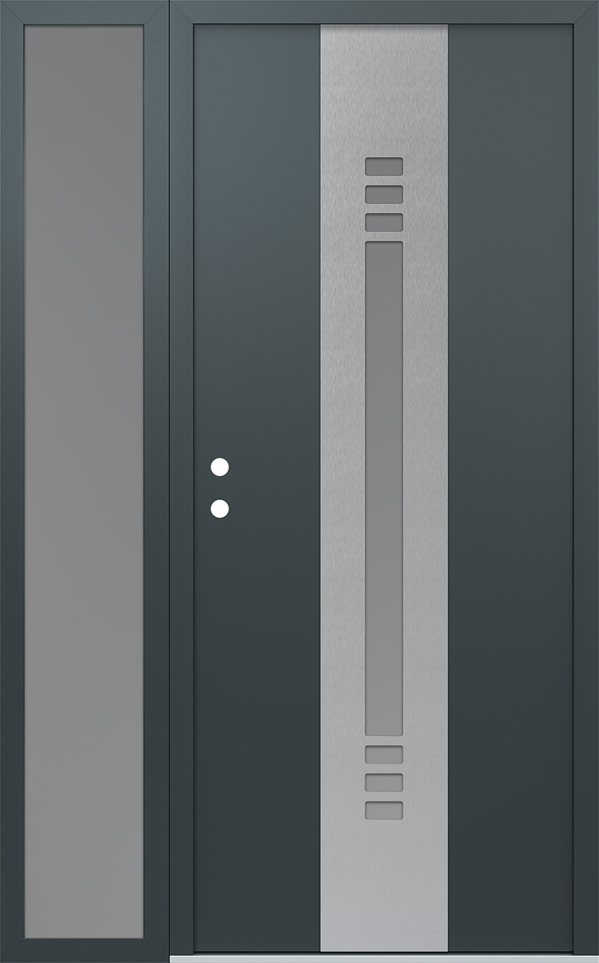 Modern Steel Front Door DIAMOND A5 50" X 80" ANTHRACITE/ANTHRACITE FROSTED GLASS PANEL STAINLESS STEEL RHI WITH SIDELITE FROSTED GLASS