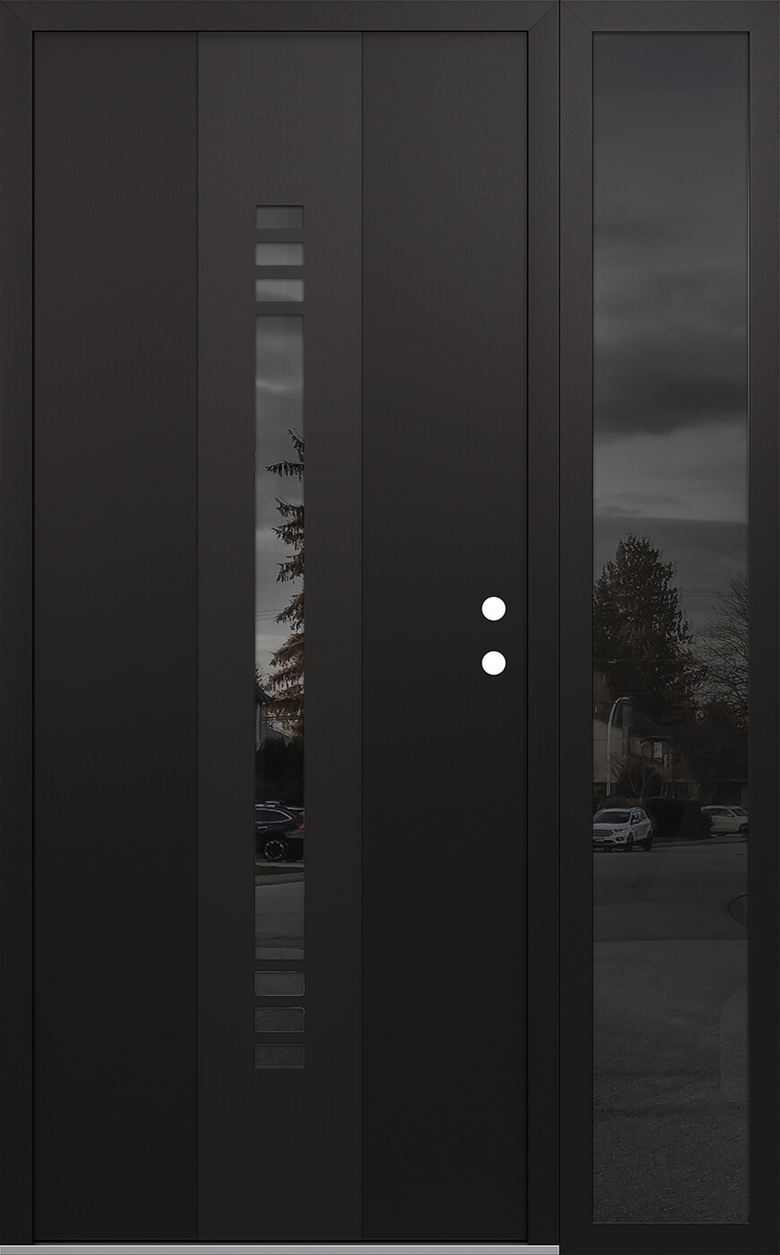 Modern Steel Front Door DIAMOND A5 50" X 80" BLACK/BLACK MIRRORED GLASS PANEL BLACK LHI WITH SIDELITE MIRRORED GLASS