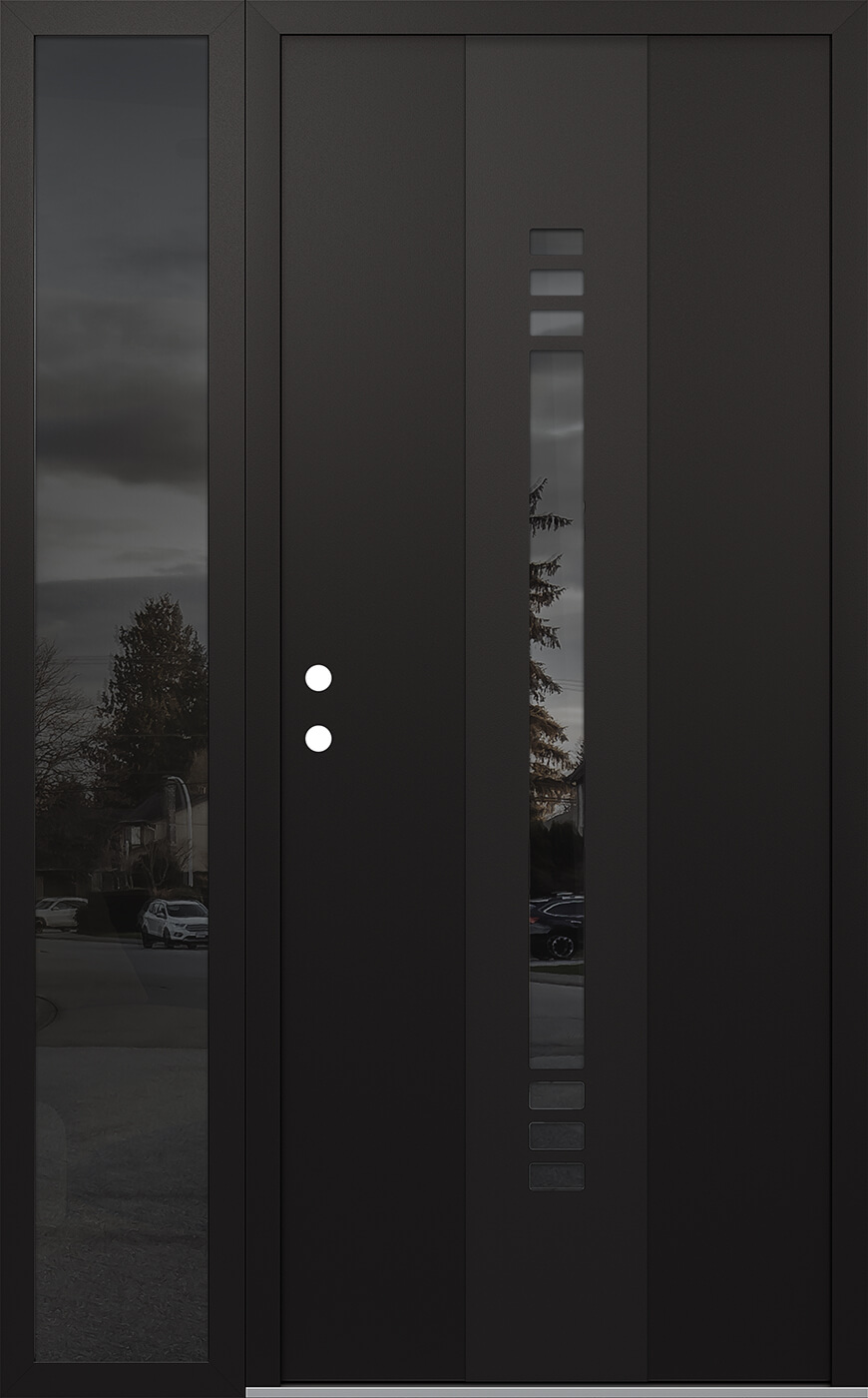Modern Steel Front Door DIAMOND A5 50" X 80" BLACK/BLACK MIRRORED GLASS PANEL BLACK RHI WITH SIDELITE MIRRORED GLASS
