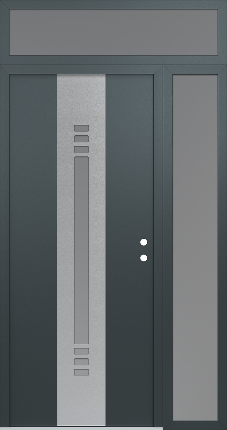 Modern Steel Front Door DIAMOND A5 50" X 96" ANTHRACITE/ANTHRACITE FROSTED GLASS PANEL STAINLESS STEEL LHI WITH SIDELITE AND TRANSOM FROSTED GLASS