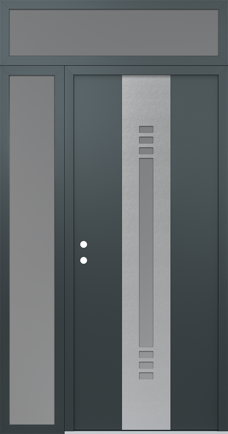 Modern Steel Front Door DIAMOND A5 50" X 96" ANTHRACITE/ANTHRACITE FROSTED GLASS PANEL STAINLESS STEEL RHI WITH SIDELITE AND TRANSOM FROSTED GLASS