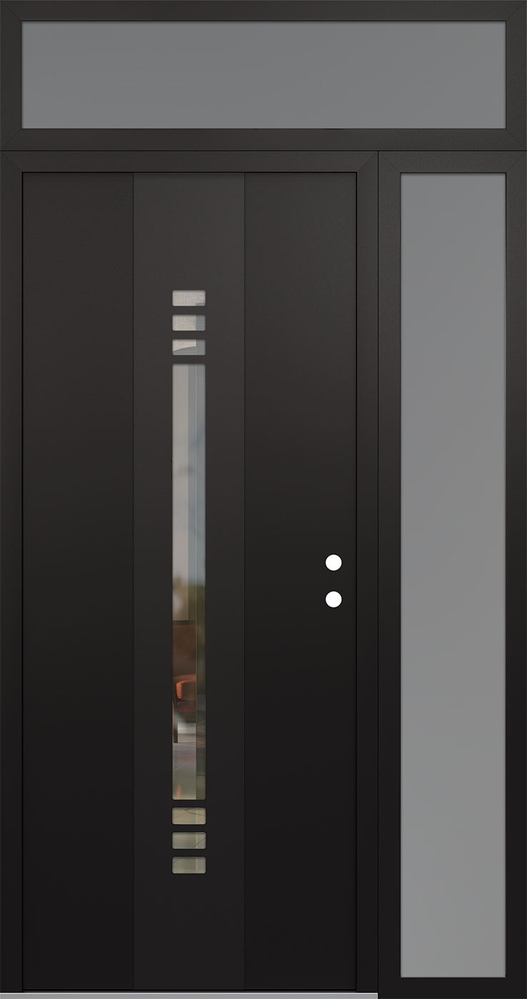 Modern Steel Front Door DIAMOND A5 50" X 96" BLACK/BLACK CLEAR GLASS PANEL BLACK LHI WITH SIDELITE AND TRANSOM FROSTED GLASS