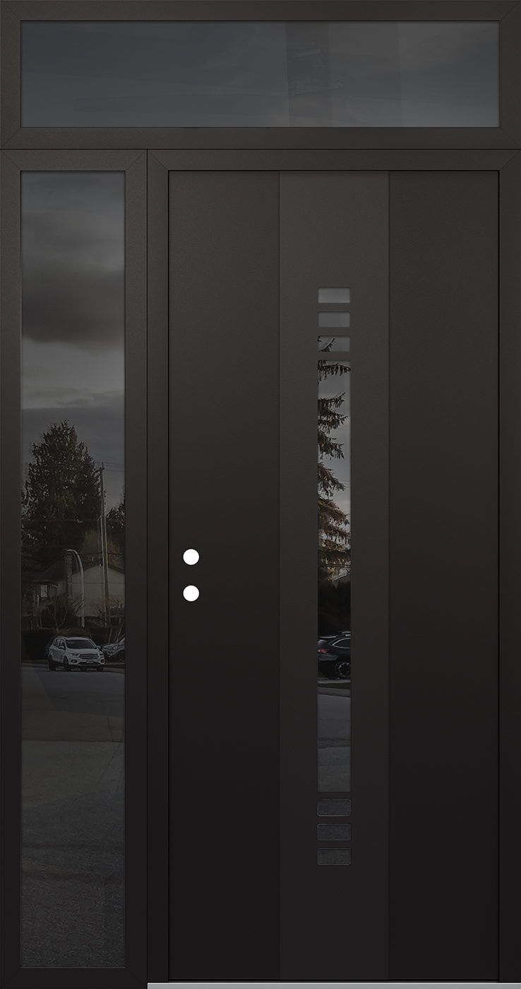 Modern Steel Front Door DIAMOND A5 50" X 96" BLACK/BLACK MIRRORED GLASS PANEL BLACK RHI WITH SIDELITE AND TRANSOM MIRRORED GLASS