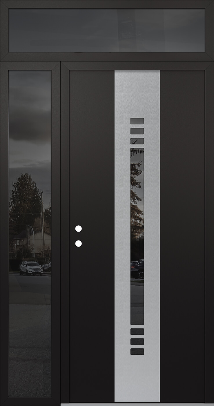 Modern Steel Front Door DIAMOND A5 50" X 96" BLACK/BLACK MIRRORED GLASS PANEL STAINLESS STEEL RHI WITH SIDELITE AND TRANSOM MIRRORED GLASS
