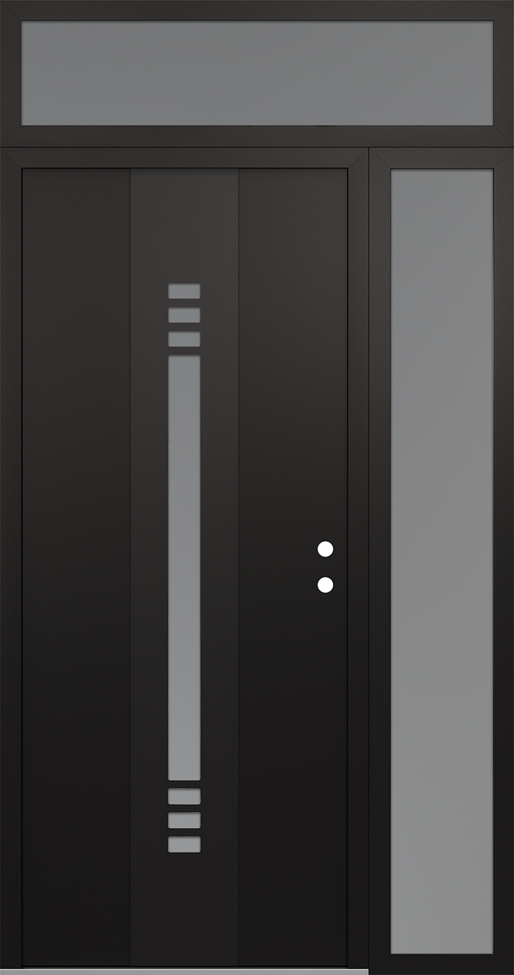 Modern Steel Front Door DIAMOND A5 50" X 96" BLACK/WHITE FROSTED GLASS PANEL BLACK LHI WITH SIDELITE AND TRANSOM FROSTED GLASS